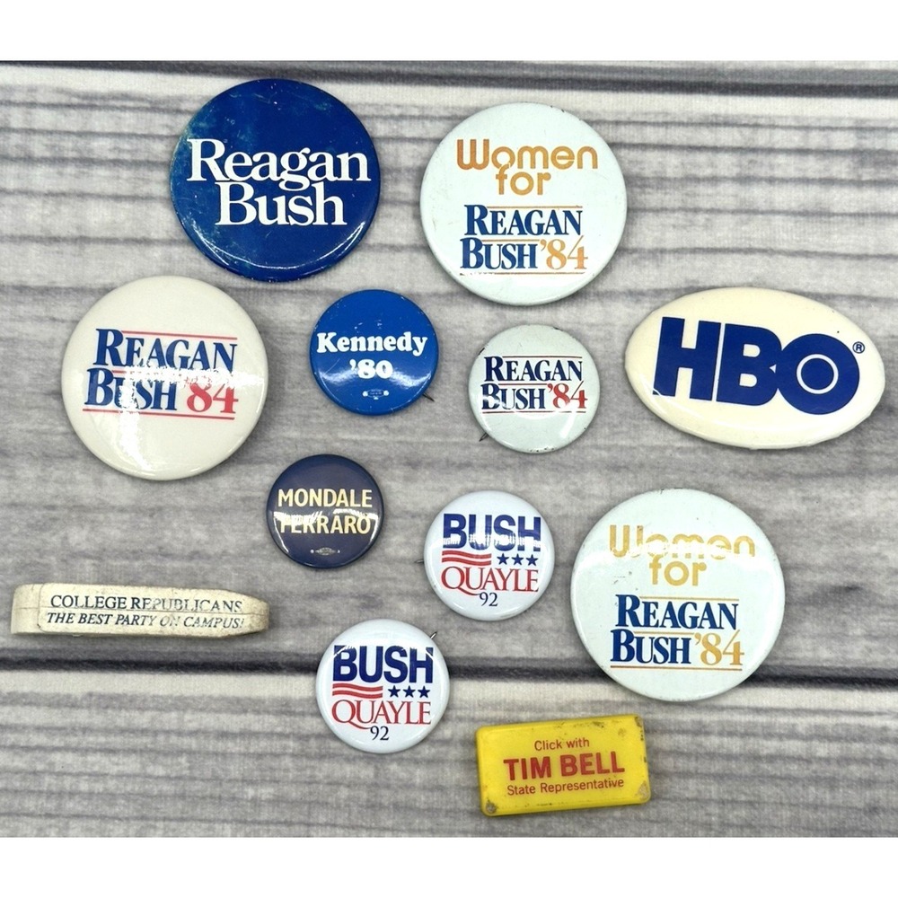 LOT OF VINTAGE PINS -MOST POLITICAL - REAGAN BUSH QUAYLE MONDALE FERRARO KENNEDY